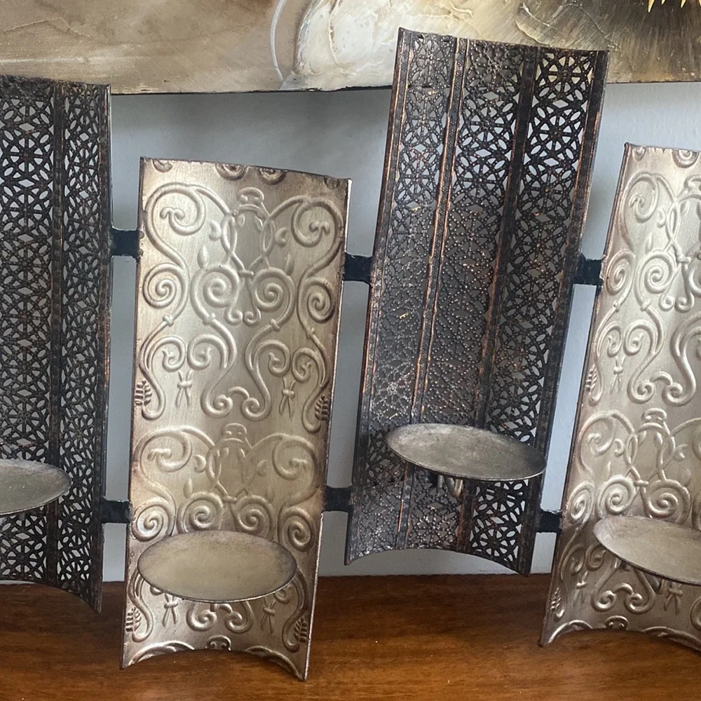 Vintage Pier 1 Metal Scroll Wall Sconce Candle Holder 4 Pillar Earth Tones